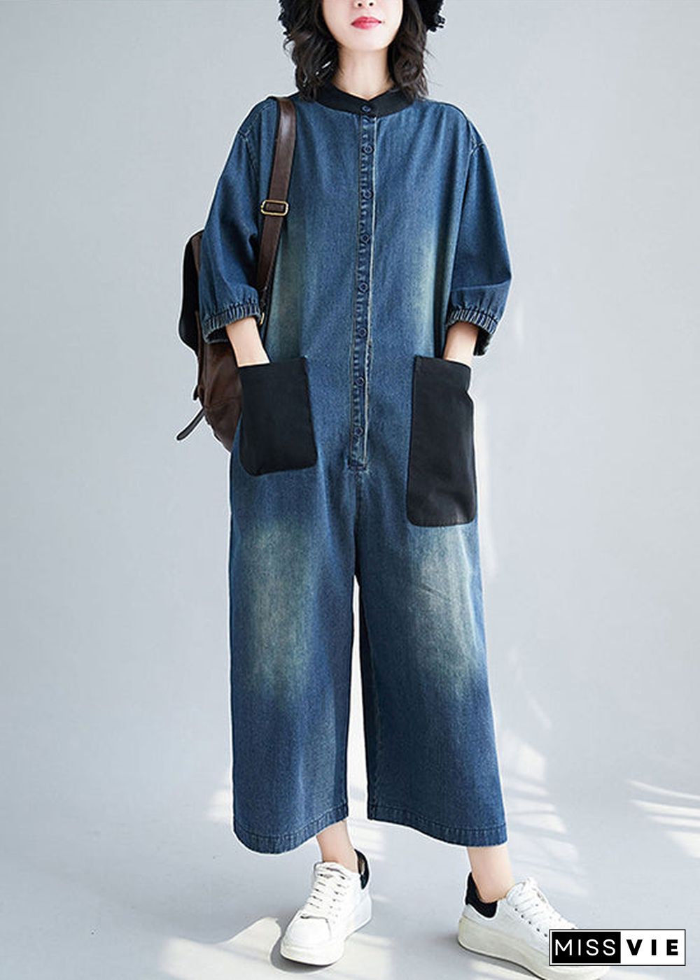 Style Blue Stand Collar Oversized Patchwork Pockets Denim Jumpsuits Summer