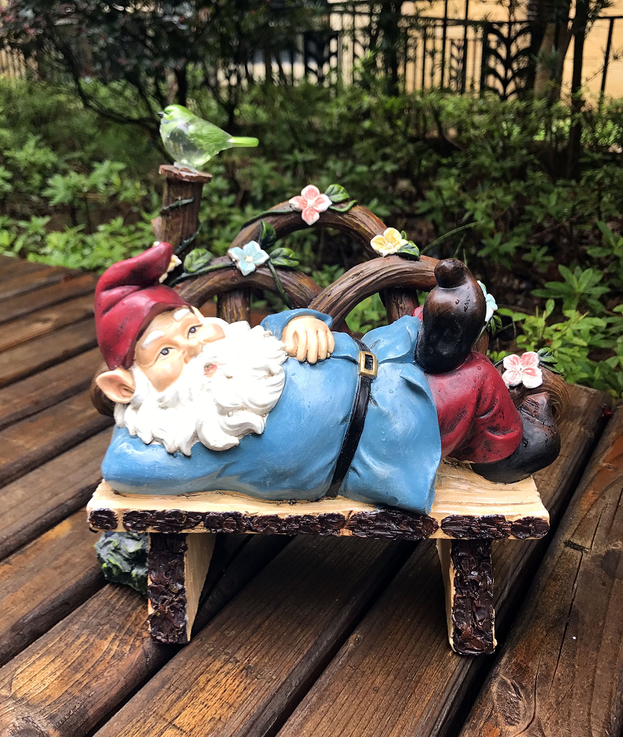 Solar Powered Gnome Laying On a Bench LED Garden Light Decor