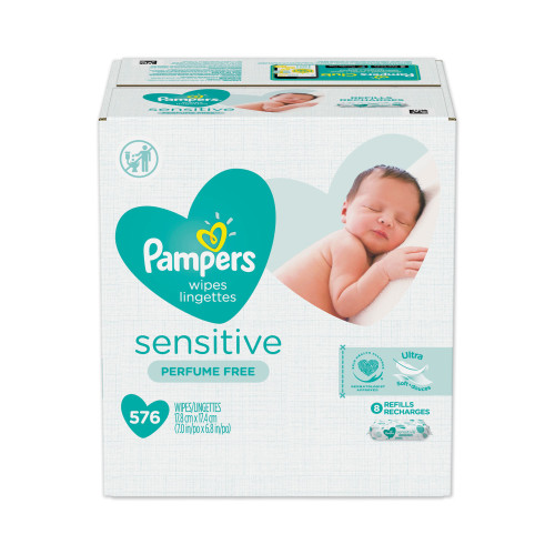 Pampers Sensitive Baby Wipes， White， Cotton， Unscented， 72/Pack， 8 Packs/Carton (88529CT)