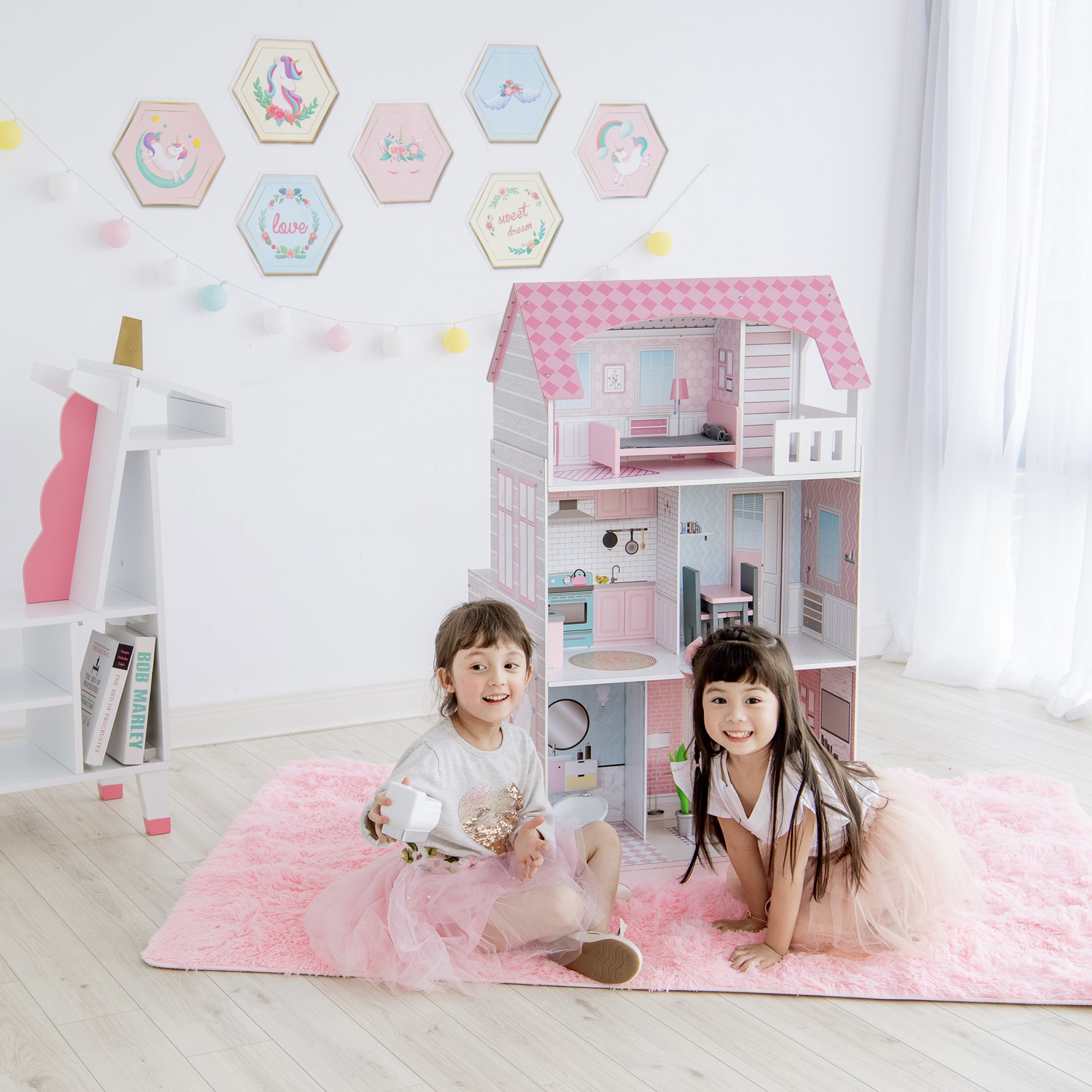 Teamson Kids Wonderland Ariel 2 in 1 Doll House and Play Kitchen， Pink/Grey