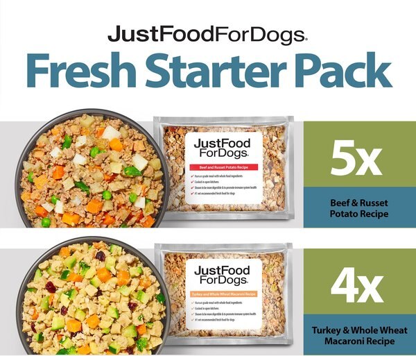 JustFoodForDogs Fresh Starter Pack Frozen Human-Grade Fresh Dog Food， 5.5-oz pouch， Case of 9