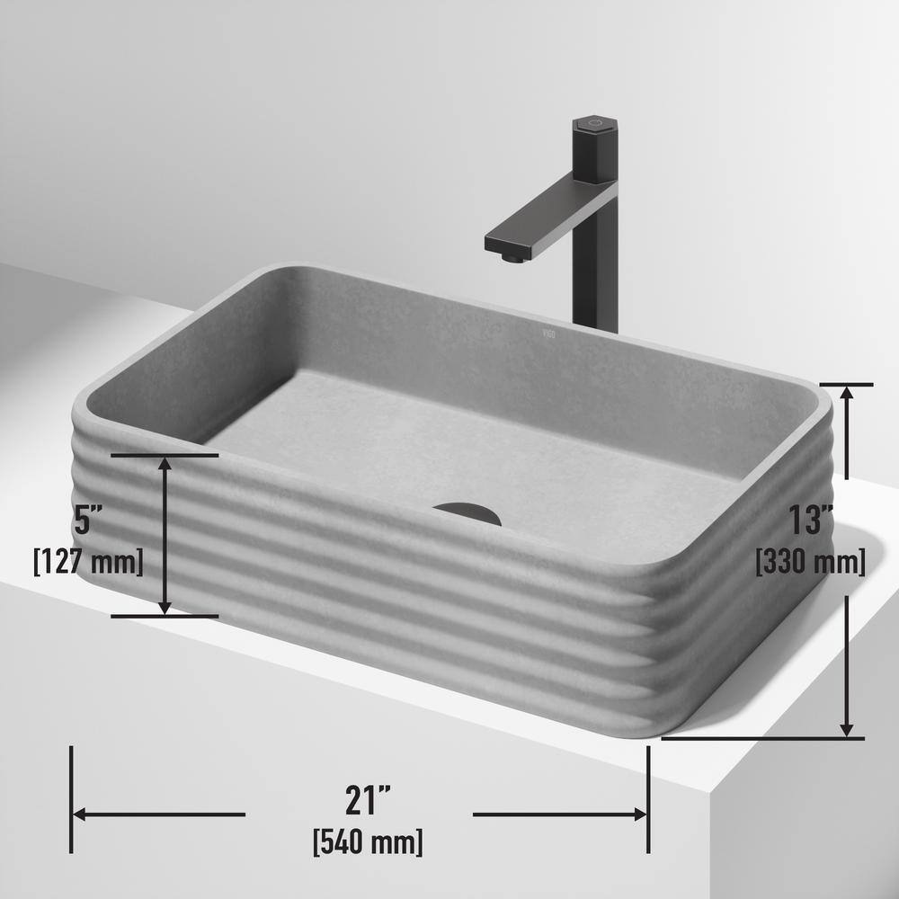 VIGO Cadman Modern Gray Concreto Stone 21 in. L x 14 in. W x 5 in. H Rectangular Fluted Bathroom Vessel Sink VG04074