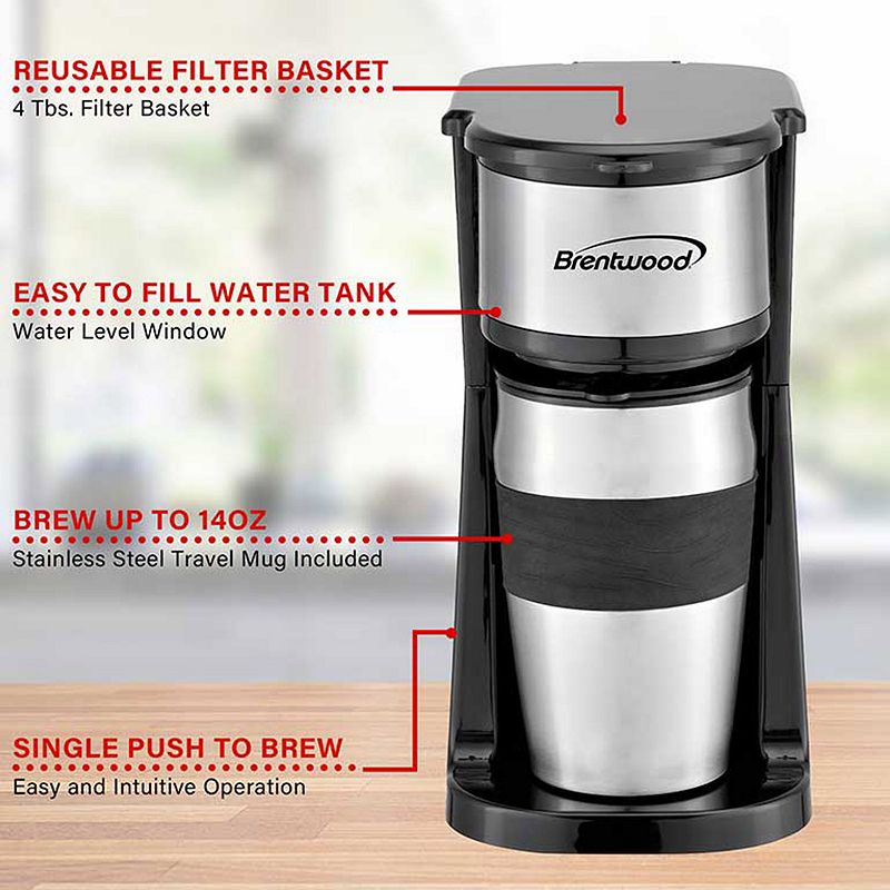 Brentwood Portable Single Serve Coffee Maker with 14oz Travel Mug in Black