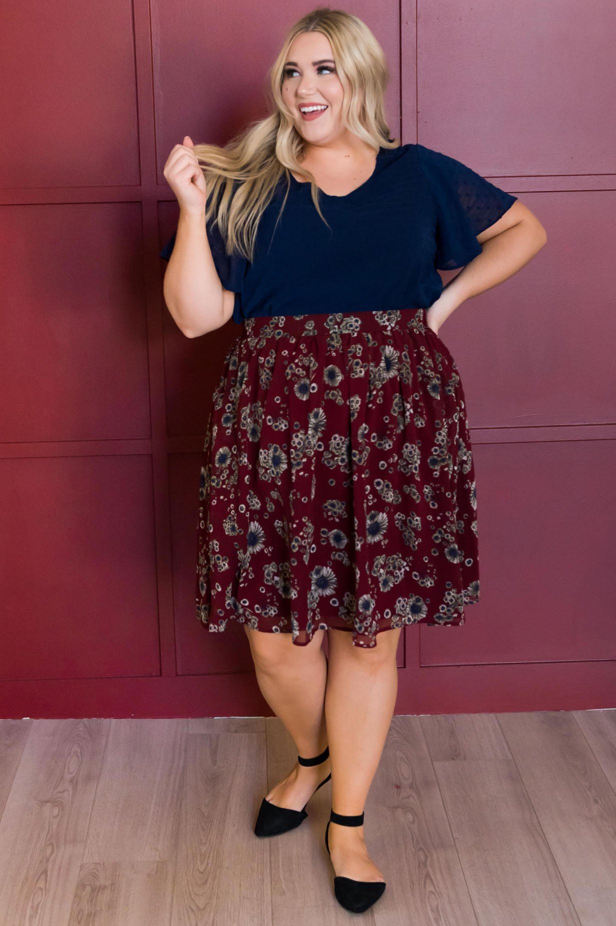 Burgundy Cluster Floral Chiffon Skirt