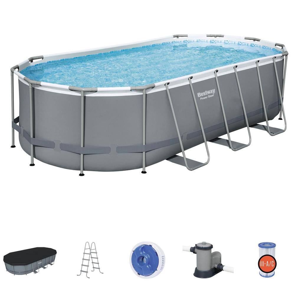 Bestway 18 ft. x 9 ft. Oval 48 in. Deep Metal Frame Above Ground Outdoor Swimming Pool Set 56711E-BW