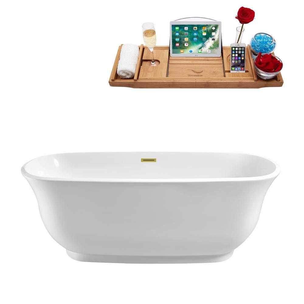 Streamline 59 in. Acrylic Flatbottom Non-Whirlpool Bathtub in Glossy White with Polished Gold Drain and Overflow Cover N660GLD