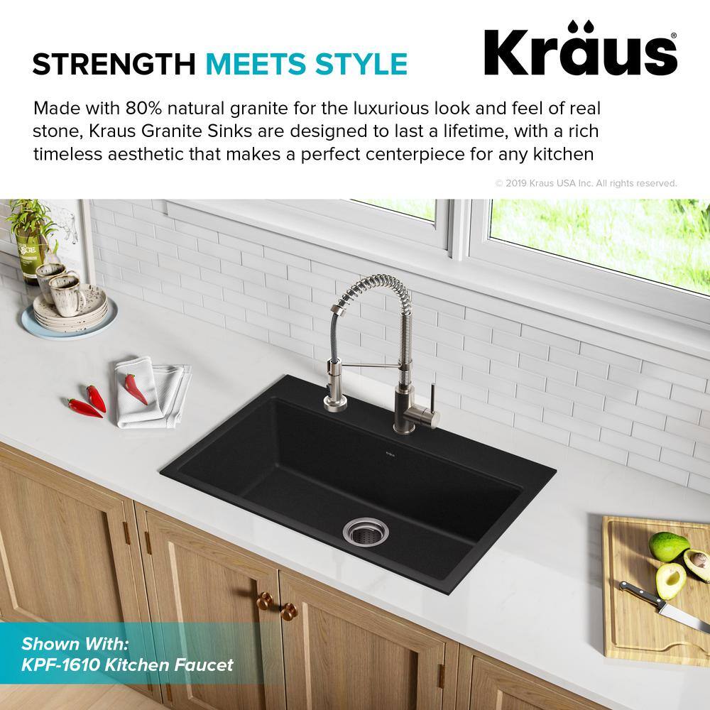 KRAUS Drop-inUndermount Granite Composite 31 in. 1- Hole Single Bowl Kitchen Sink Kit in Black KGD-412B