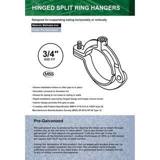 The Plumber's Choice 34 in. Hinged Split Ring Pipe Hanger Galvanized Iron Clamp with 38 in. Rod Fitting for Suspending Tubing (10-Pack) 34HSHG-10