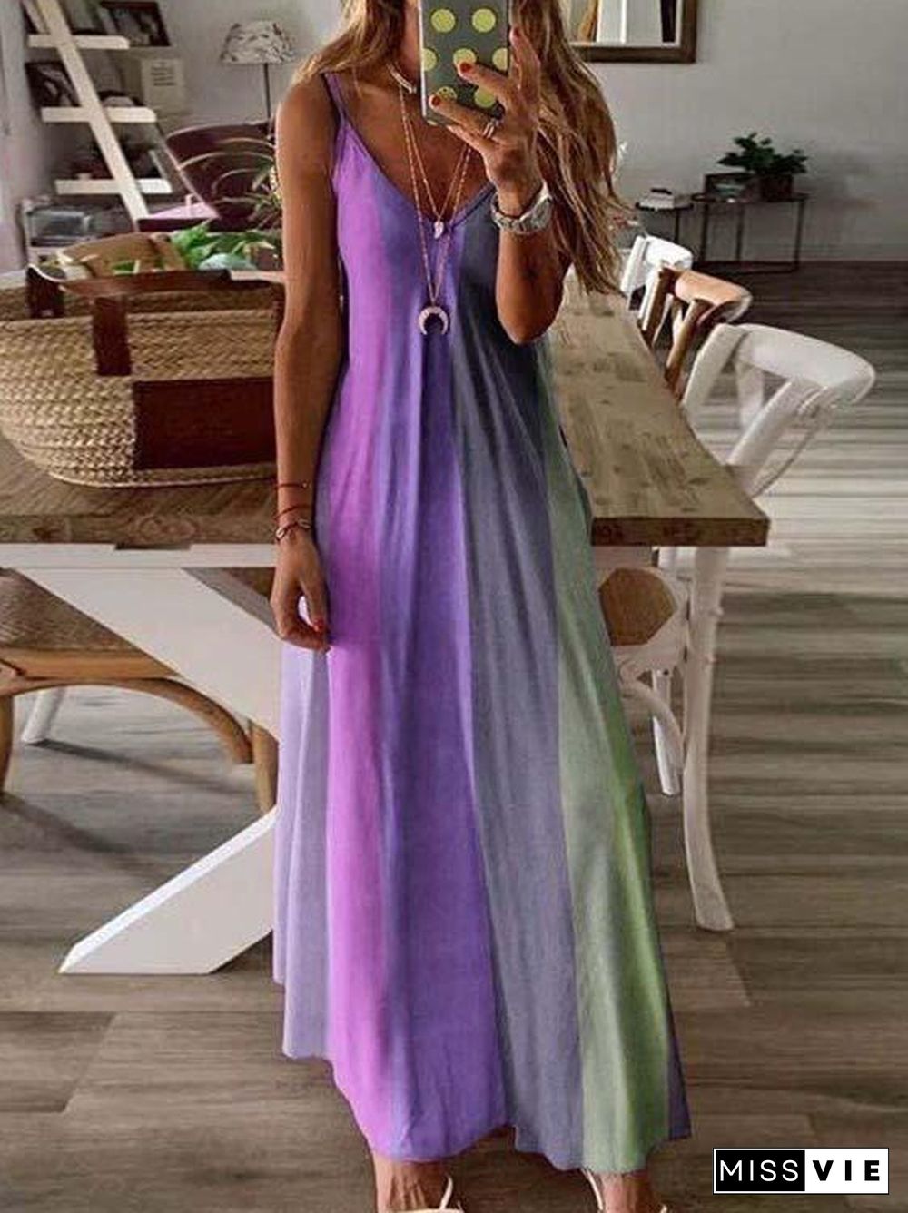 Women's Sleeveless V-neck Gradient Printed Maxi Slip Dress