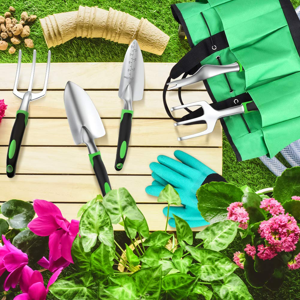 Koovon 7 Pcs Garden Tool Set with Aluminum Head Non-Slip Handle Includes Trowel Transplanting Cultivator Weeding Fork Garden Bag Gloves, Green