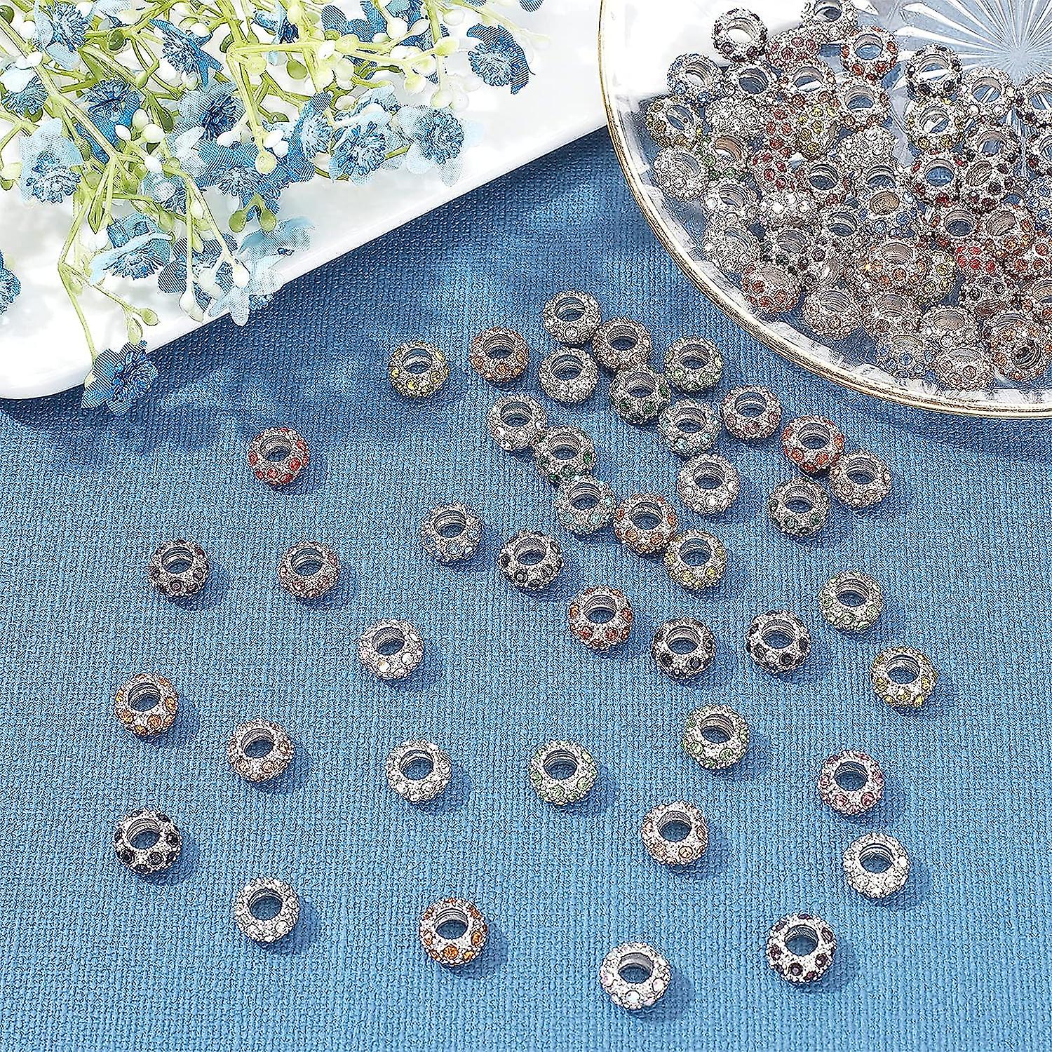 100pcs Rhinestone Large Hole European Beads， Platinum Mixed Color Crystal Rondelle Spacer Beads Fit European Snake Chain Charms Bracelet(11x6mm， Hole: