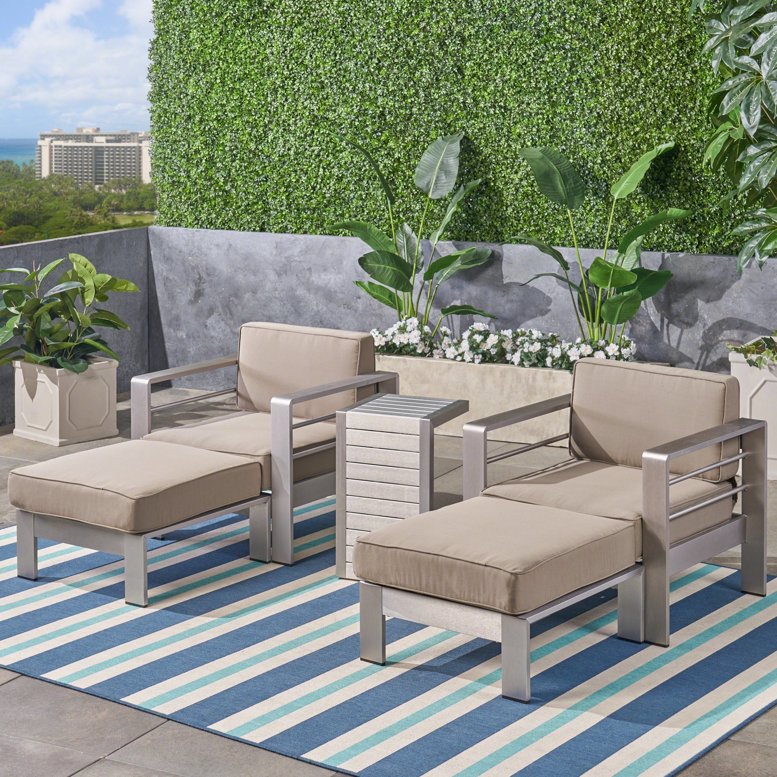 Emily Coral Outdoor Aluminum 2-Seater Club Chair Chat Set with Ottomans and Side Table