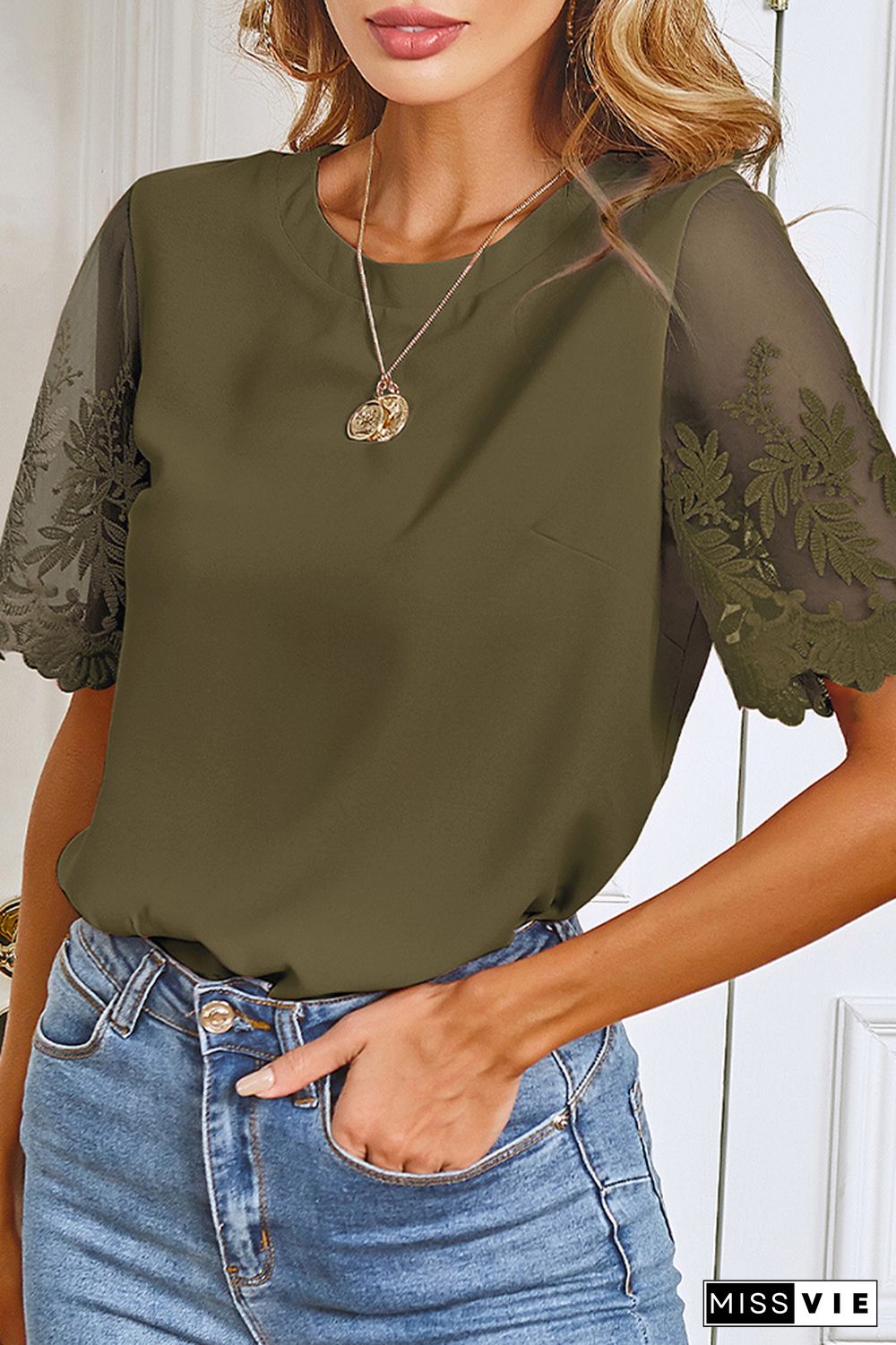 Lace Short Sleeve O-neck T-shirt Wholesale