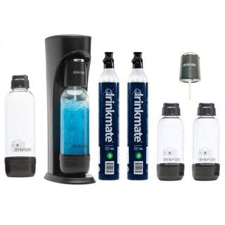 DrinkMate Matte Black Sparkling Water Soda Maker Party Pack 2 60L CO2 Cartridges Extra Fizz Infuser 1L and 2 0.5L Bottles 410-02-14Zx2-PP1