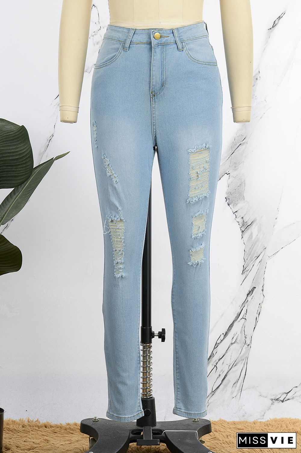 Light Blue Street Solid Ripped Patchwork High Waist Denim Jeans