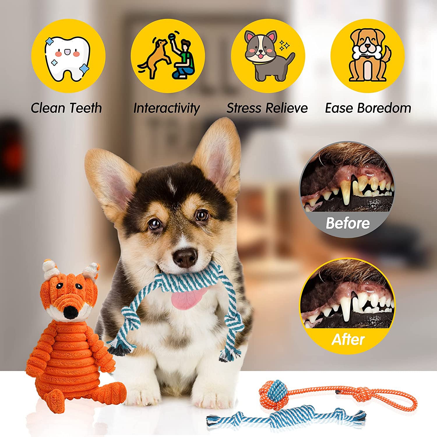 Puppy Toys for Small Dogs， Puppy Chew Toys， Squeaky Toys for Dog， Treat Ball and Rope Toys