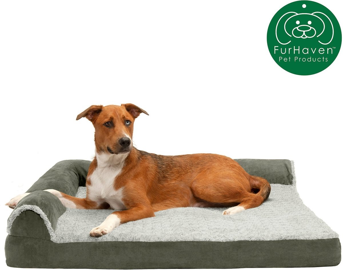 FurHaven Two Tone Faux Fur and Suede Deluxe Chaise Cooling Gel Dog and Cat Bed w/Removable Cover