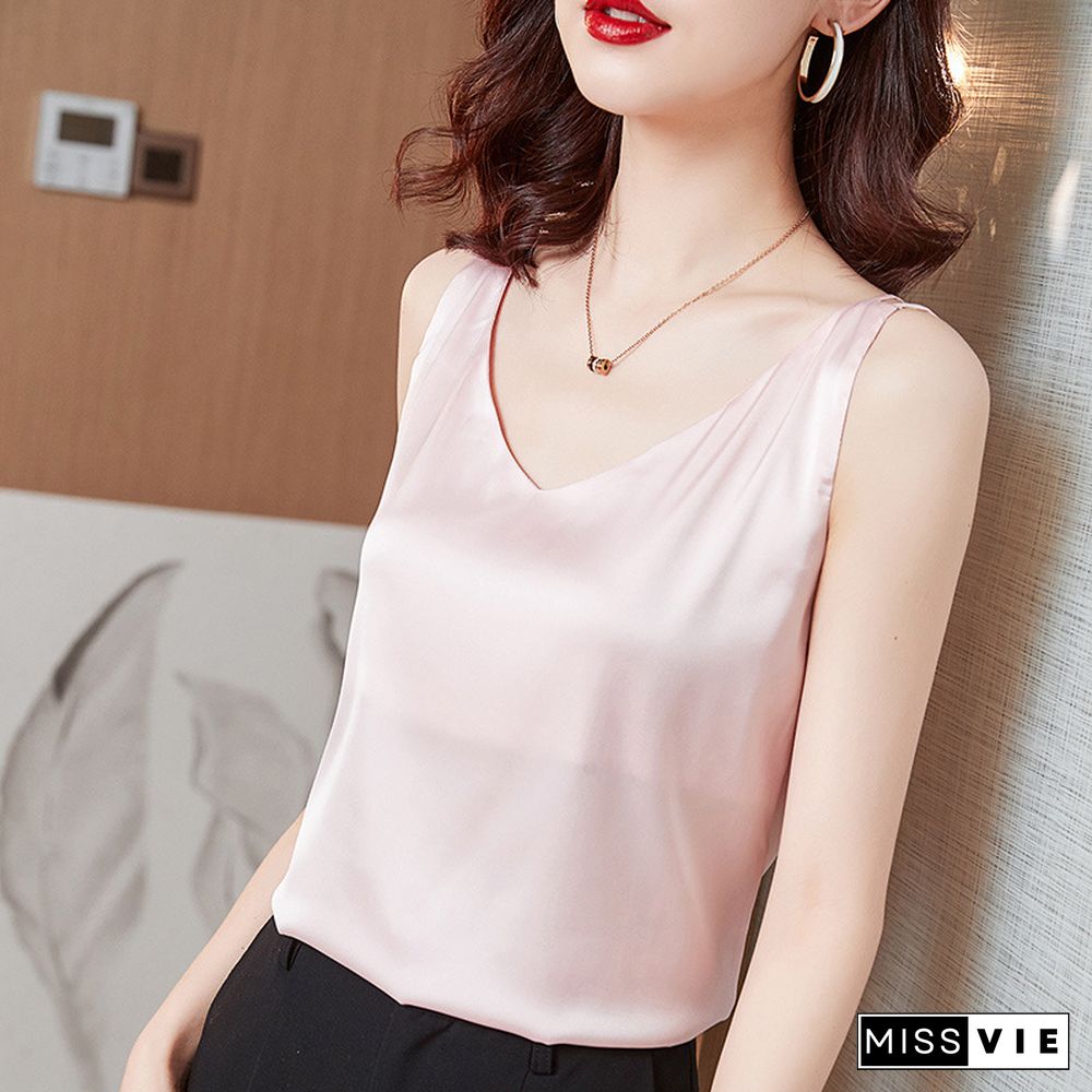 Summer V Neck Suspender Vest Female Ice Satin Silk Camisole Women Outer Wear Sleeveless Top With Small Suit Inner Base Shirt