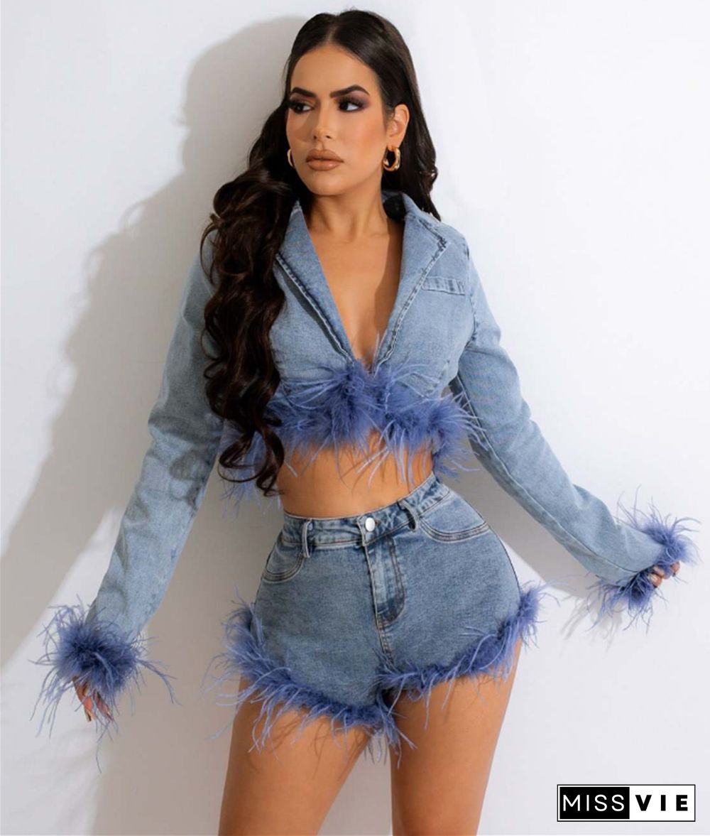 Feathers Long Sleeve Denim Jacket 2 Piece Shorts Set