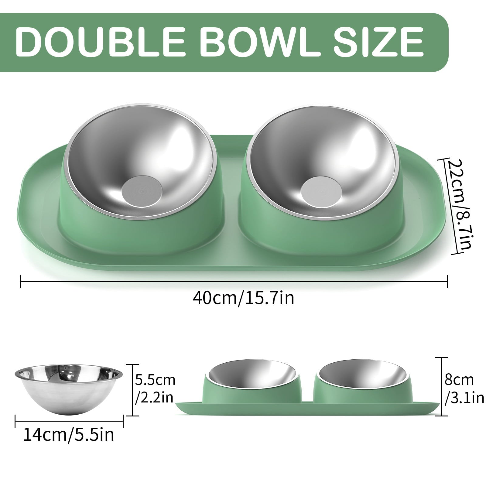 Ptlom Elevated Stainless Steel Pet Food Bowl with Stands, Raised Dog Cat Feeding Bowls Set,Green