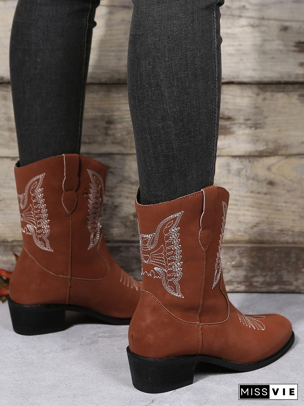 Embroidered Ethnic Chunky Heel Cowboy Boots