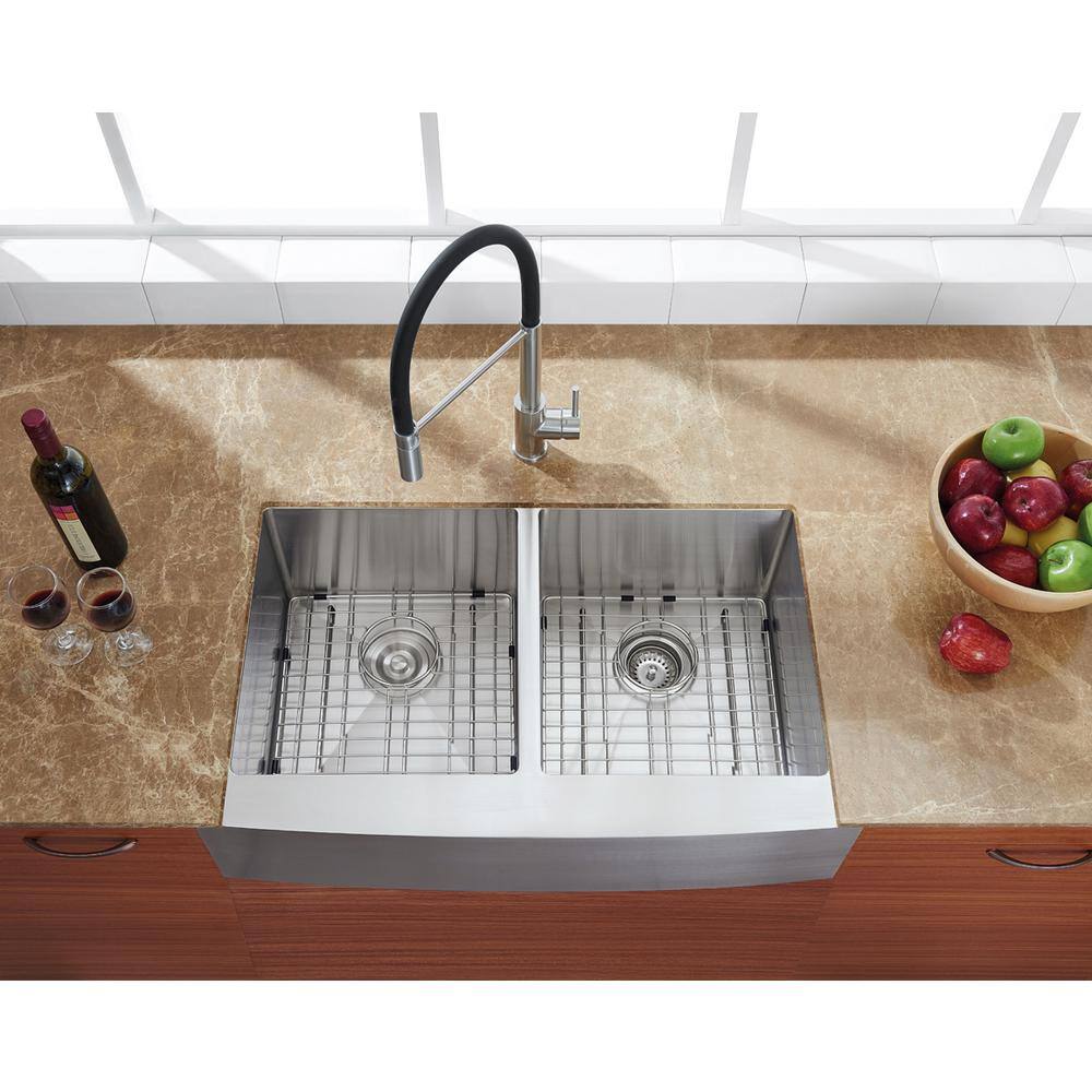 Glacier Bay Professional 33 in. Farmhouse Apron-Front 16 Gauge 5050 Double Bowl Stainless Steel Kitchen Sink with Accessories 4126F