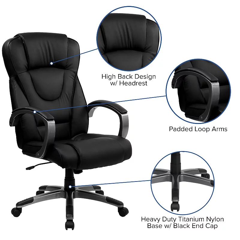 Emma and Oliver High Back Black LeatherSoft Swivel Office Chair Titanium Nylon Base/Loop Arms