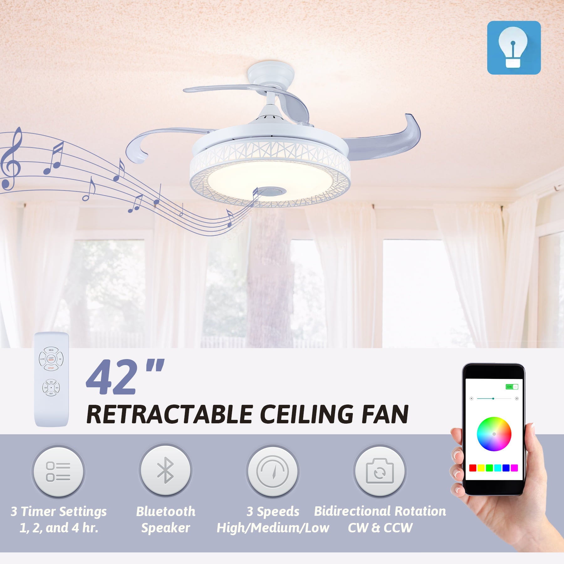 Viribus 42 Inch Modern Ceiling Fan with Light , 3 speeds & timer sets, with Light Remote Bluetooth App Room Decor, White