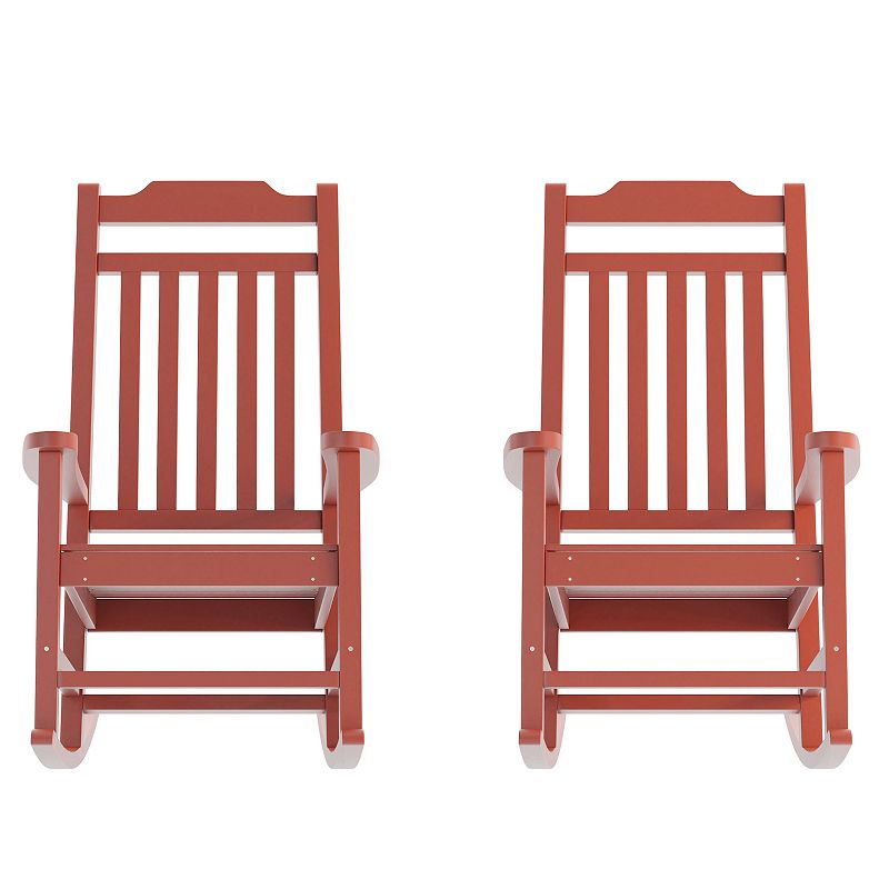 Emma and Oliver Set of 2 All-Weather Poly Resin Faux Wood Rocking Chairs for Porch andPatio