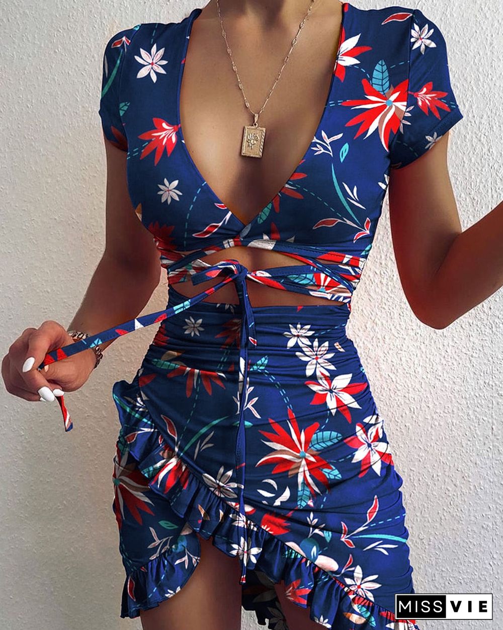 Floral Print Fashion Tie Up Wrap Mini Dress Summer Holiday Ruffles Sundress Ruched Women'S Dress Short Sleeve