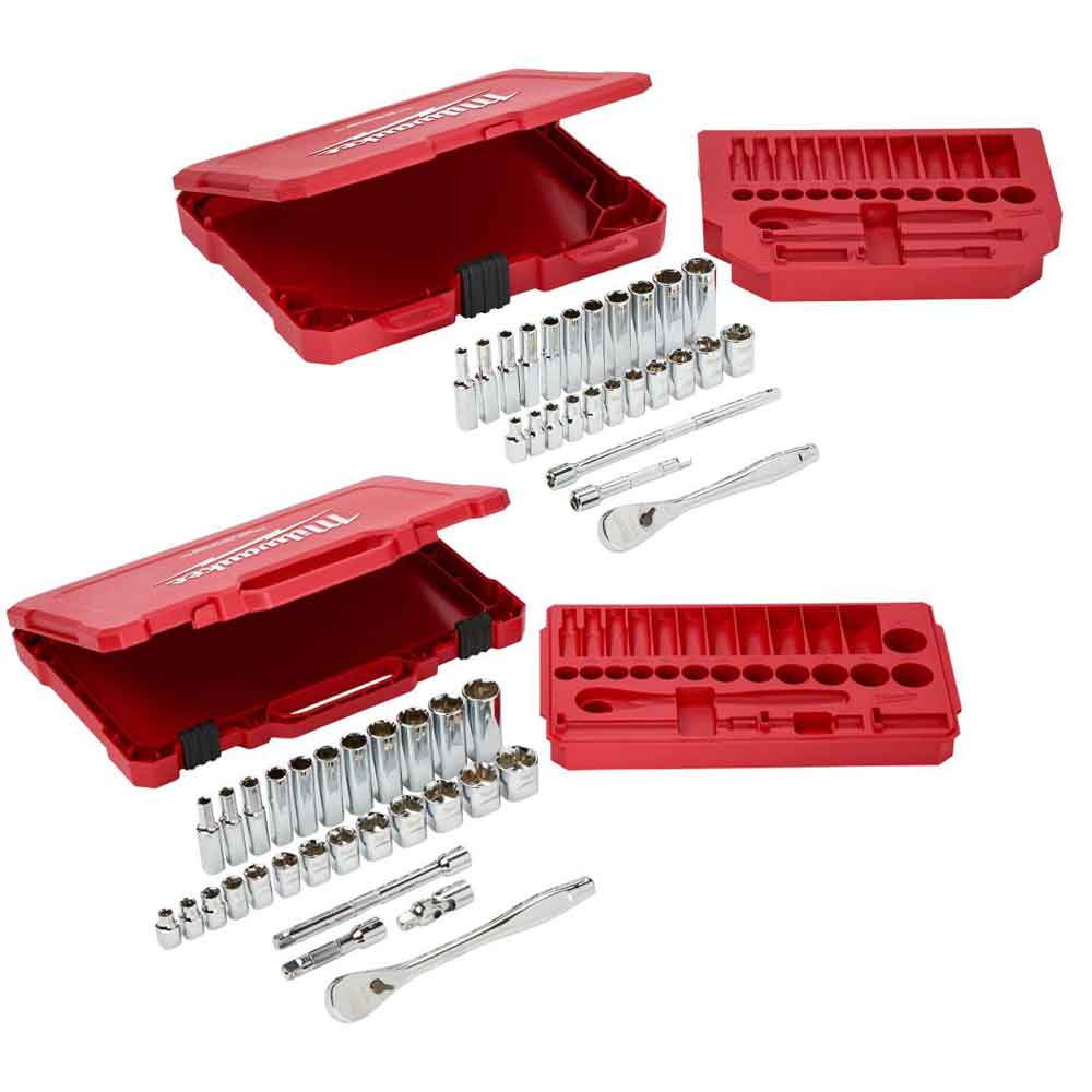 Milwaukee 54pc 1/4In and 3/8In Dr SAE Mechanics Socket Set Bundle 48-22-9404-9408B from Milwaukee