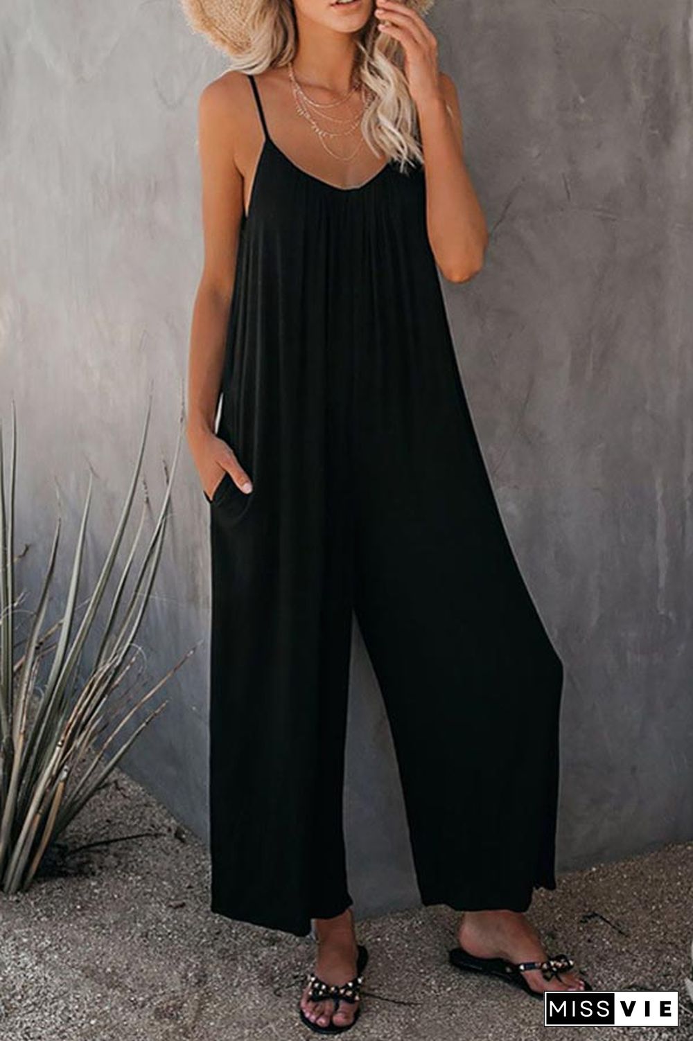 Casual Sling Solid Color Pocket Jumpsuit