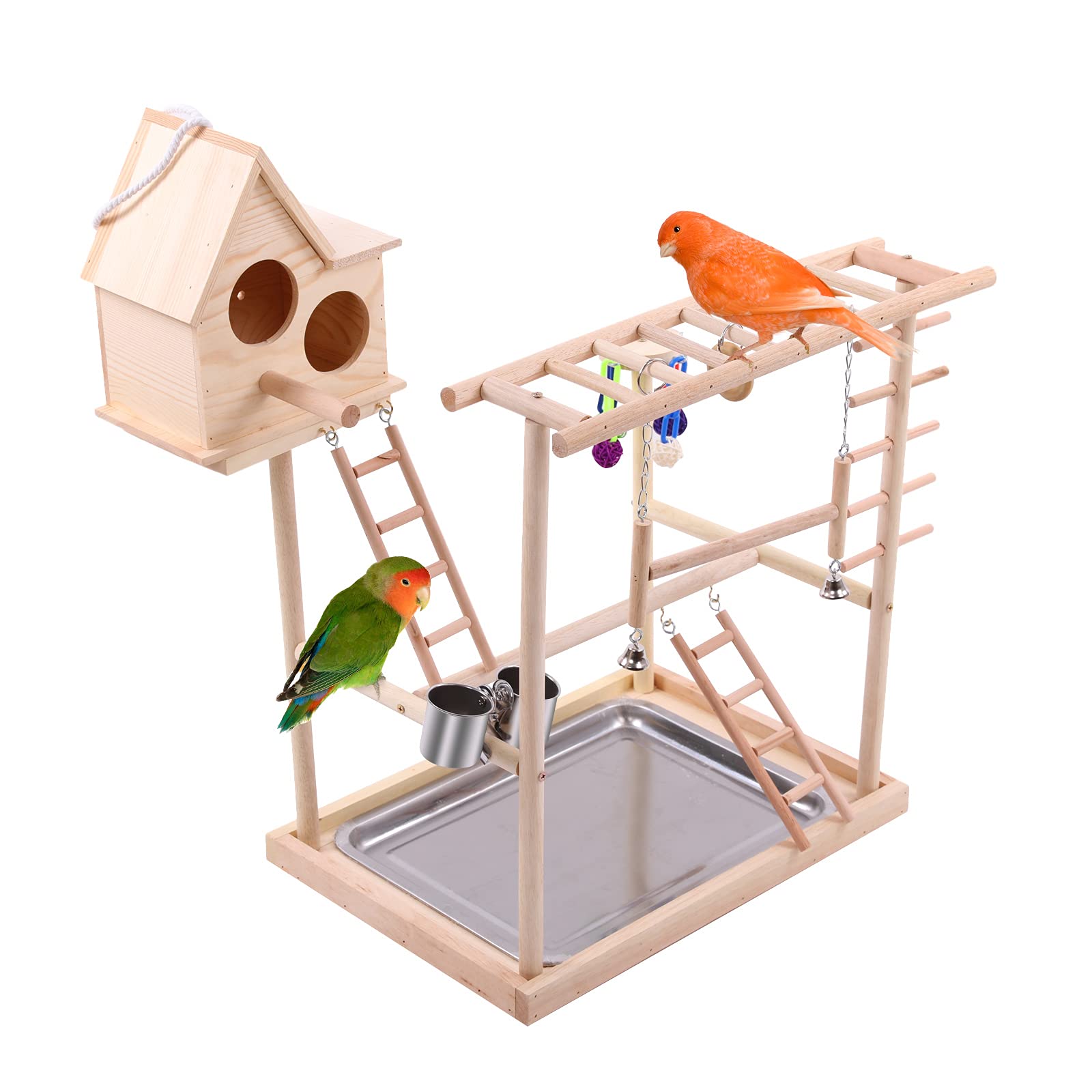 QBLEEV Bird's Nest Bird Perches Play Stand Gym Parrot Playground Play gym Playpen Play stand Swing Bridge Tray Wood Climb Ladders