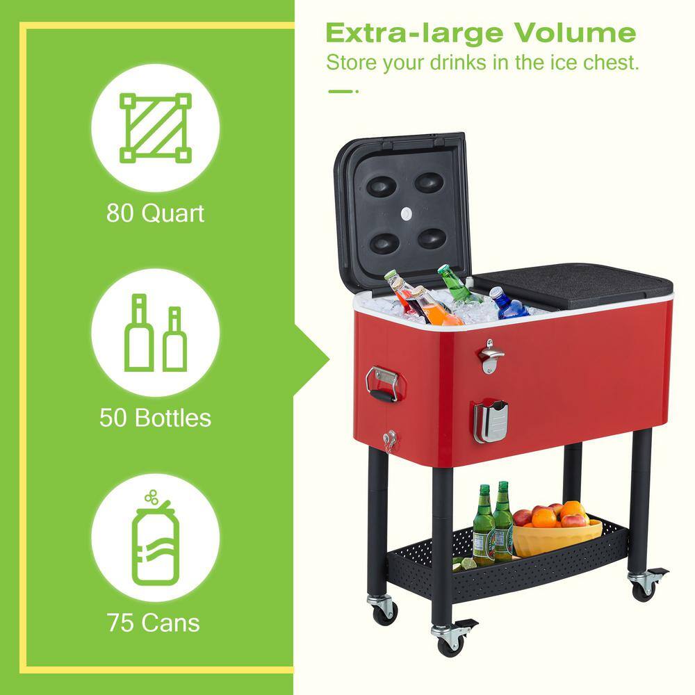 EROMMY 80 Qt. Rolling Cooler Cart with Bottom Shelf Ice Chest with Wheels Portable Party Cold Drink Cart Red LYOT-011RD