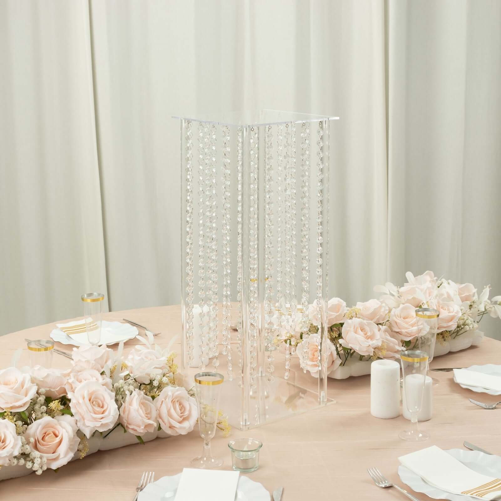 Heavy Duty Acrylic Flower Pedestal Vase with Hanging Crystal Beads, Clear Pillar Stand Wedding Table Centerpieces With Pre-chained Garlands 5mm Thick Plates 24