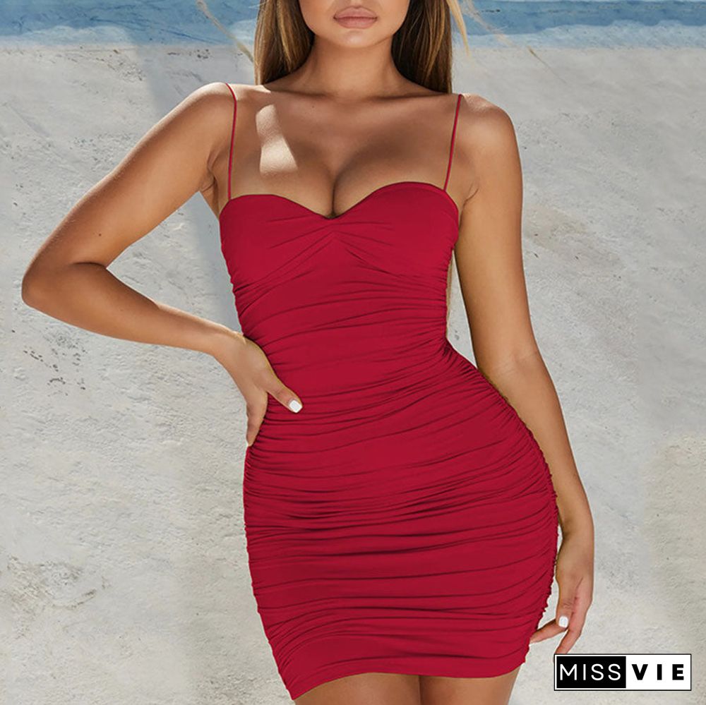 Flattering Sweetheart Neckline Ruched Bodycon Spaghetti Tight Dress