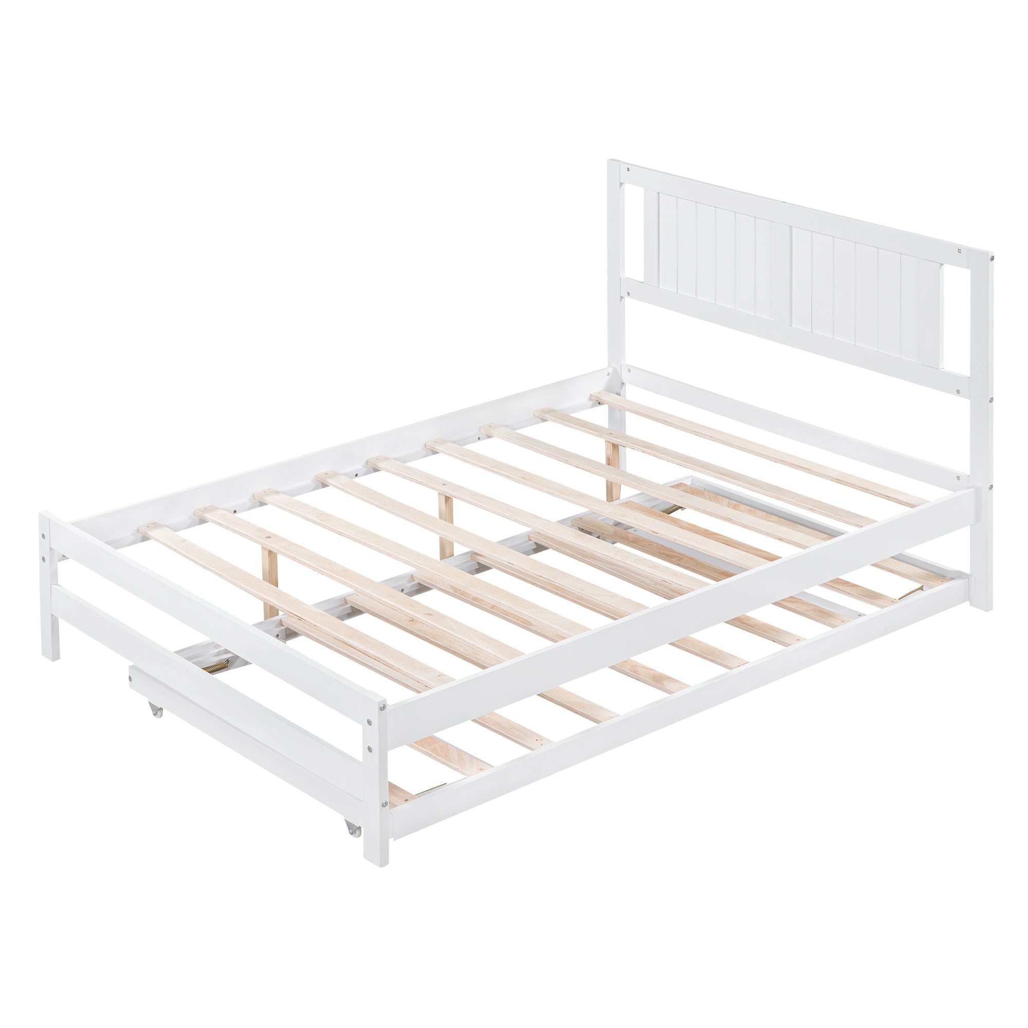 Platform Bed with Trundle Frame Set, Wooden Bed Frame with Headboard for Bedroom for Kids, White