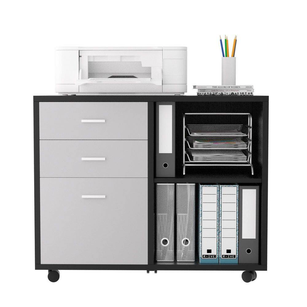 URTR Office Black and Light Gray Lateral File Cabinet with Drawers and Shelves Storage Cabinet with Wheels 1 EA Printer Stand HY02315Y