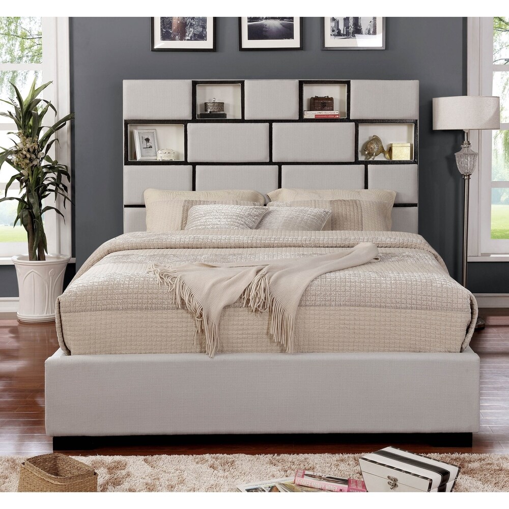 Furniture of America Dopp Modern Beige Fabric Platform Bed with Storage