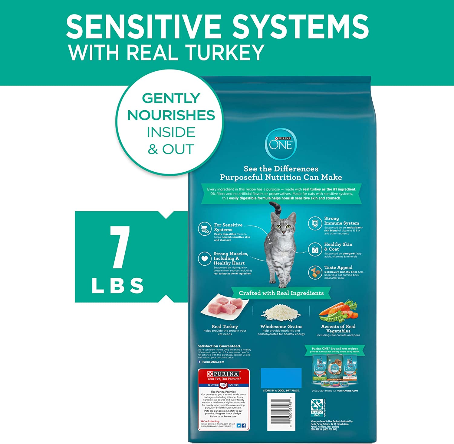 Purina ONE Sensitive Skin and Stomach With Real Turkey， Natural Adult Dry Cat Food 7 lb. Bag