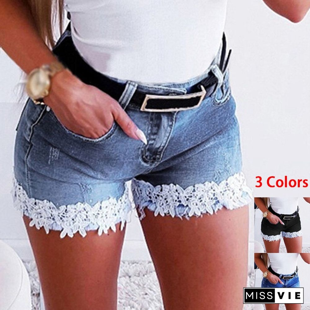 Fashion Women Denim Shorts Stitching Lace Summer Jeans Shorts 3 Colors