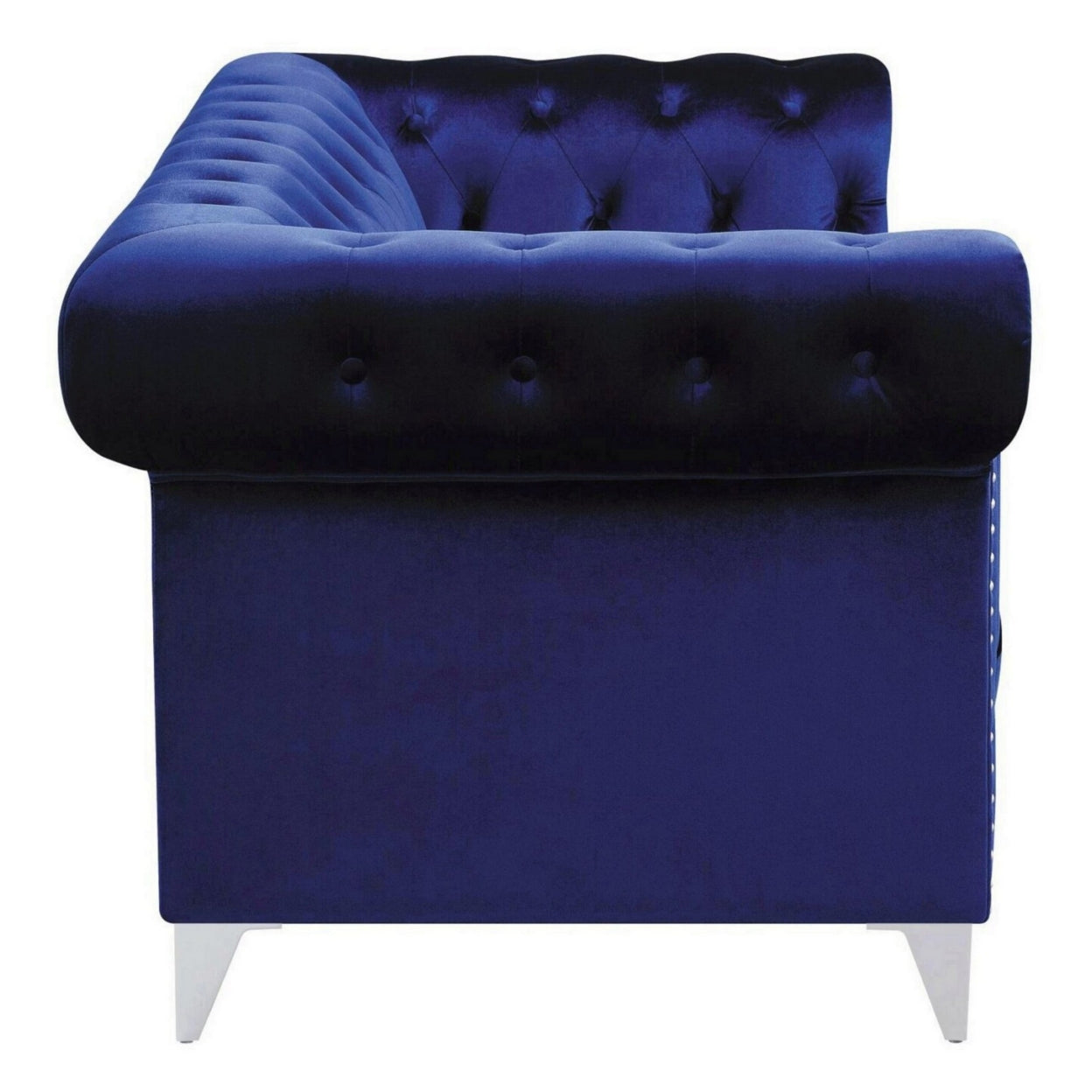 Gavin 83 Inch Modern Tuxedo Sofa, Deep Button Tufted, Nailhead, Blue Velvet- Saltoro Sherpi