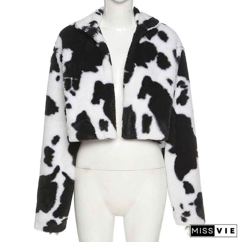 Winter Faux Fur Cows Printing Coats Women Long Sleeve Fur Cropped Jacket Woman Casual Gothic Furry Warm Streetwear Harajuku