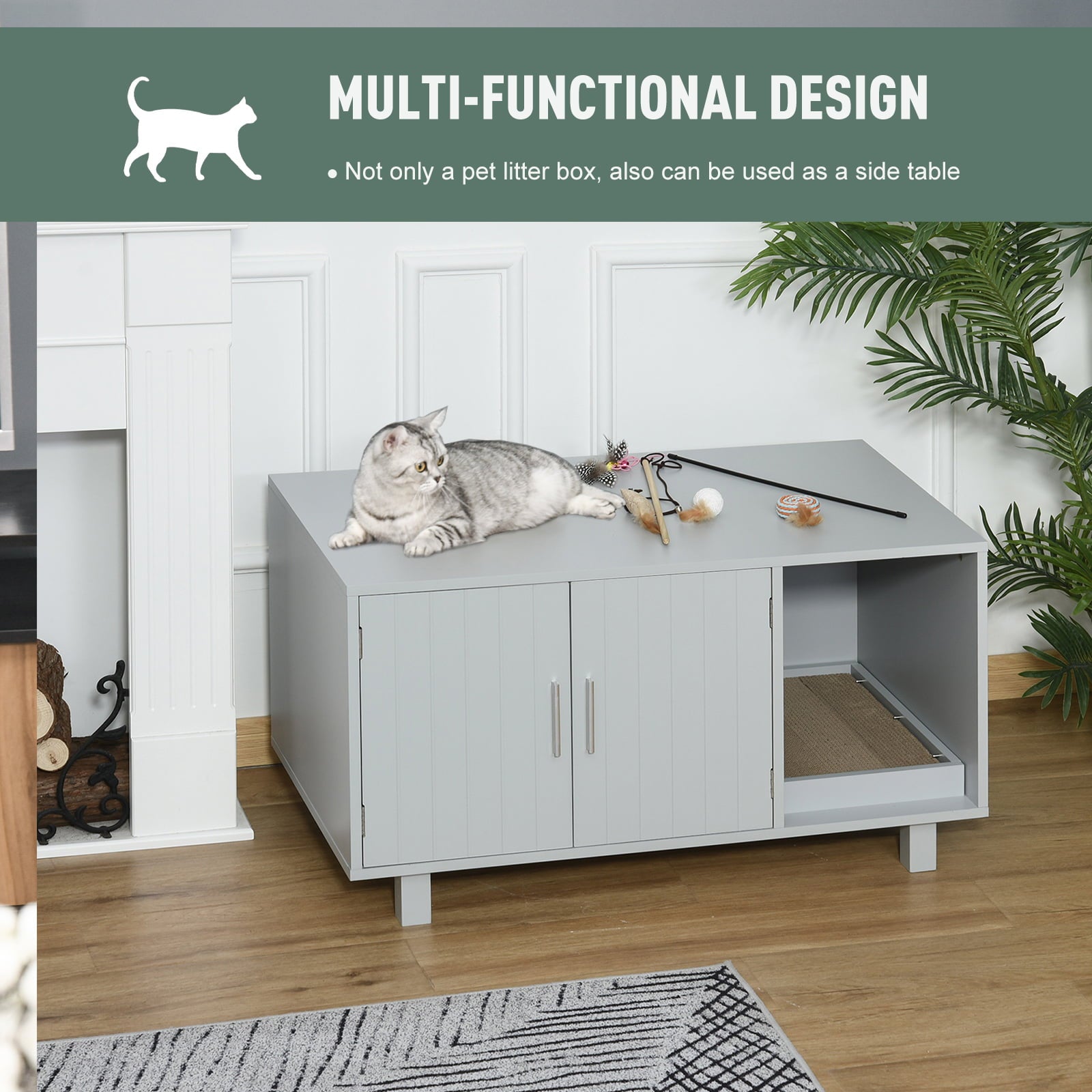 PawHut Cat Litter Box Enclosure and House w/ Nightstand/End Table Design， Grey