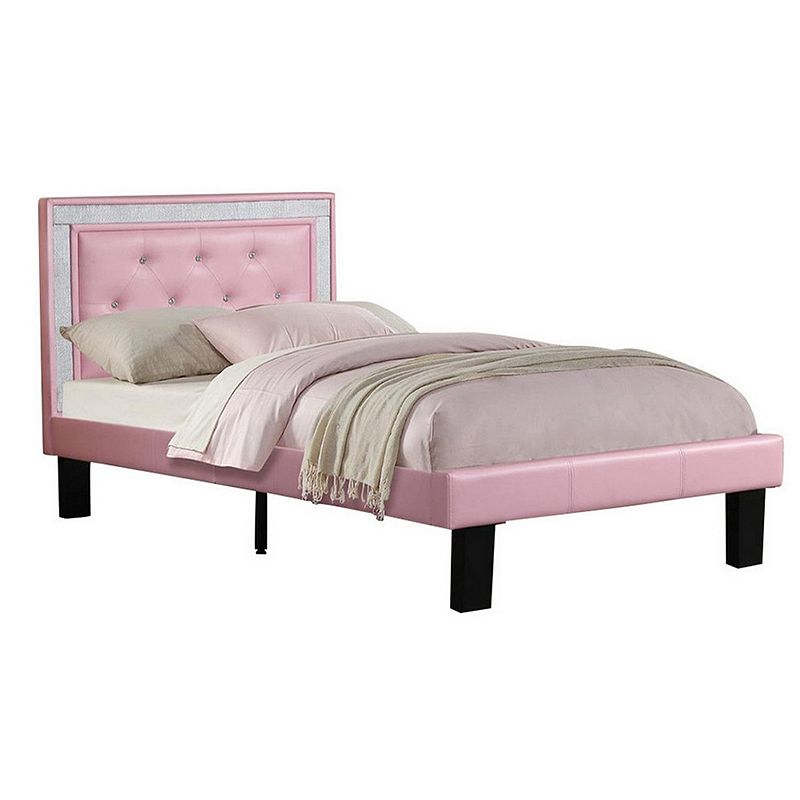 Silky And Sheeny Wooden Full Bed With Pink PU Tufted Head Board， Pink Finish