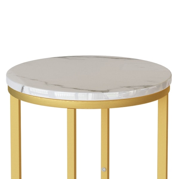 Set of 2 Round End Side Table with Faux Marble Top and Metal Frame