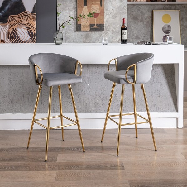 30 Inch Set of 2 Bar Stools with Chrome Footrest and Base Velvet and Golden Leg Simple Bar Stool for Kitchen