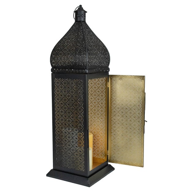 Black And Gold Moroccan Style Pillar Candle Floor Lantern