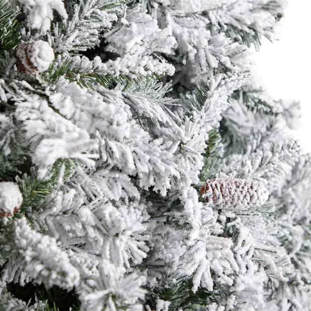 Nearly Natural 10-ft Flocked White River Mountain Pine Christmas Tree With Pinecones And 800 Clear Led Lights