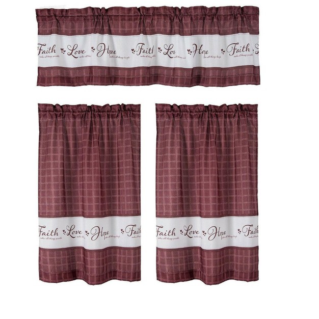 Kate Aurora Country Living Gingham Check Hope Faith Love 3 Pc Cafe Kitchen Curtain Set